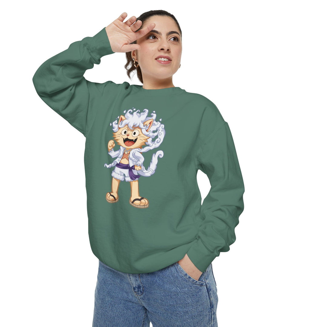 Cute Cat Character Sweatshirt Featuring a Whimsical Feline in a Cheerful Anime Inspired Pose for Fans of Unique Graphics Animal Lover Apparel Fun Fashion Casual Wear
