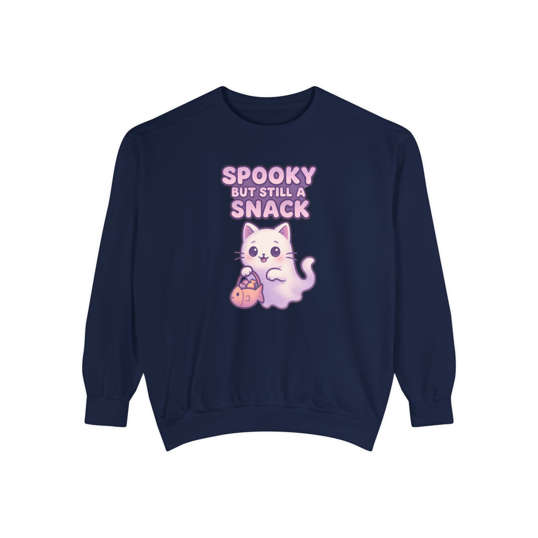 Spooky Snack Sweatshirt Featuring a Cute Ghost Cat Holding a Candy Basket with a Humorous Slogan
