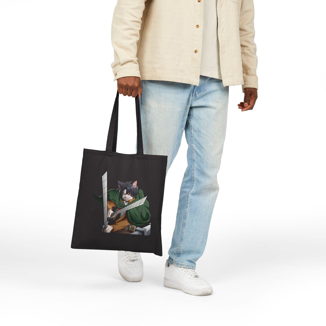 Cute Cat Warrior Cotton Canvas Tote Bag, Eco-Friendly Shopping Tote, Anime Tote, Cute Gift for Pet Lovers, Durable Shoulder Bag