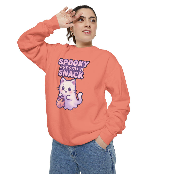 Spooky Snack Sweatshirt Featuring a Cute Ghost Cat Holding a Candy Basket with a Humorous Slogan