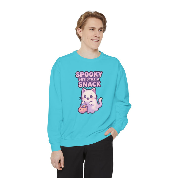 Spooky Snack Sweatshirt Featuring a Cute Ghost Cat Holding a Candy Basket with a Humorous Slogan