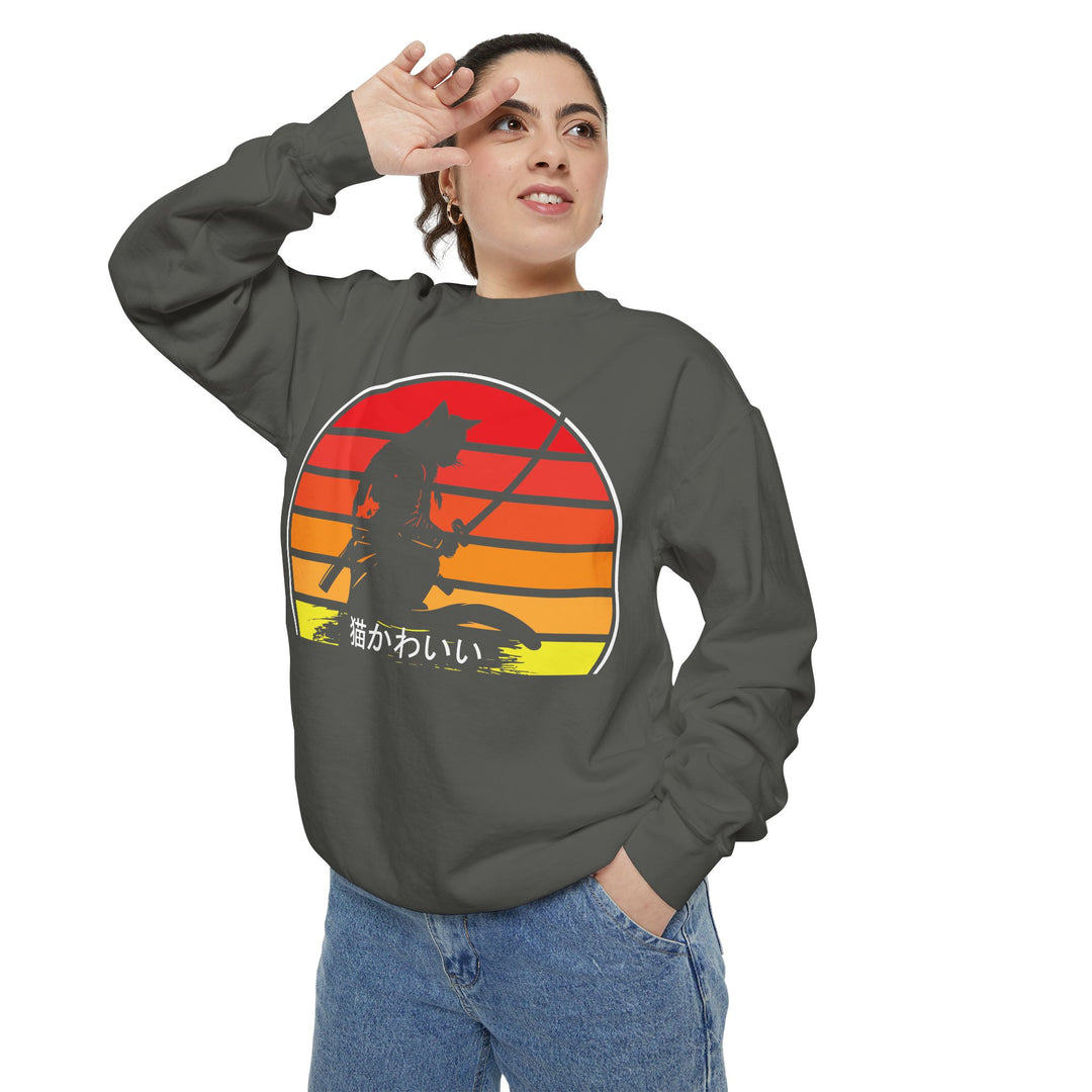 Sunset Samurai Sweatshirt | Cozy Unisex Garment-Dyed Pullover, Gift for Anime Lovers, Japanese Aesthetic Apparel, Fall Fashion, Casual Wear