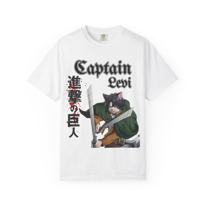 White T-shirt featuring a Captain Levi-inspired cat swordsman with bold lettering.