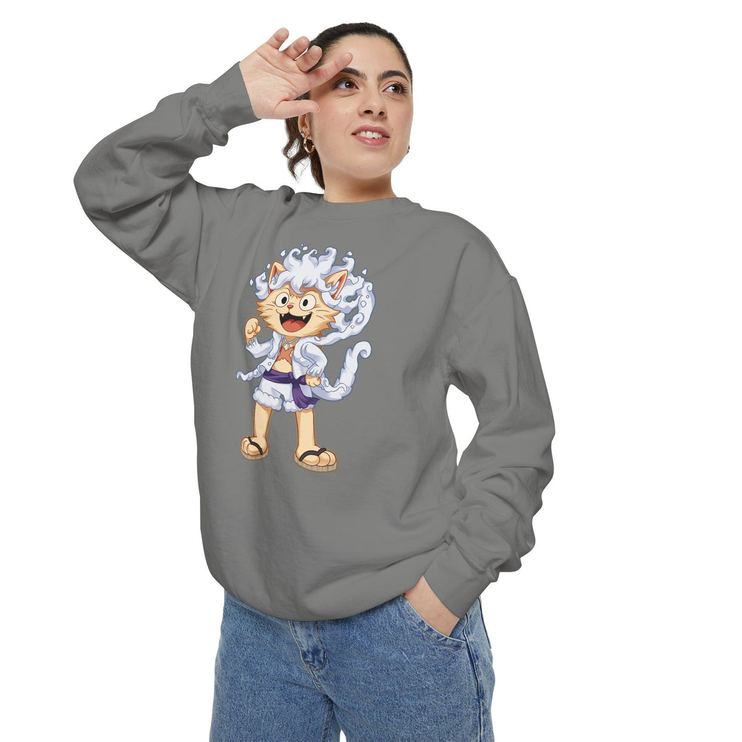 Cute Cat Character Sweatshirt Featuring a Whimsical Feline in a Cheerful Anime Inspired Pose for Fans of Unique Graphics Animal Lover Apparel Fun Fashion Casual Wear