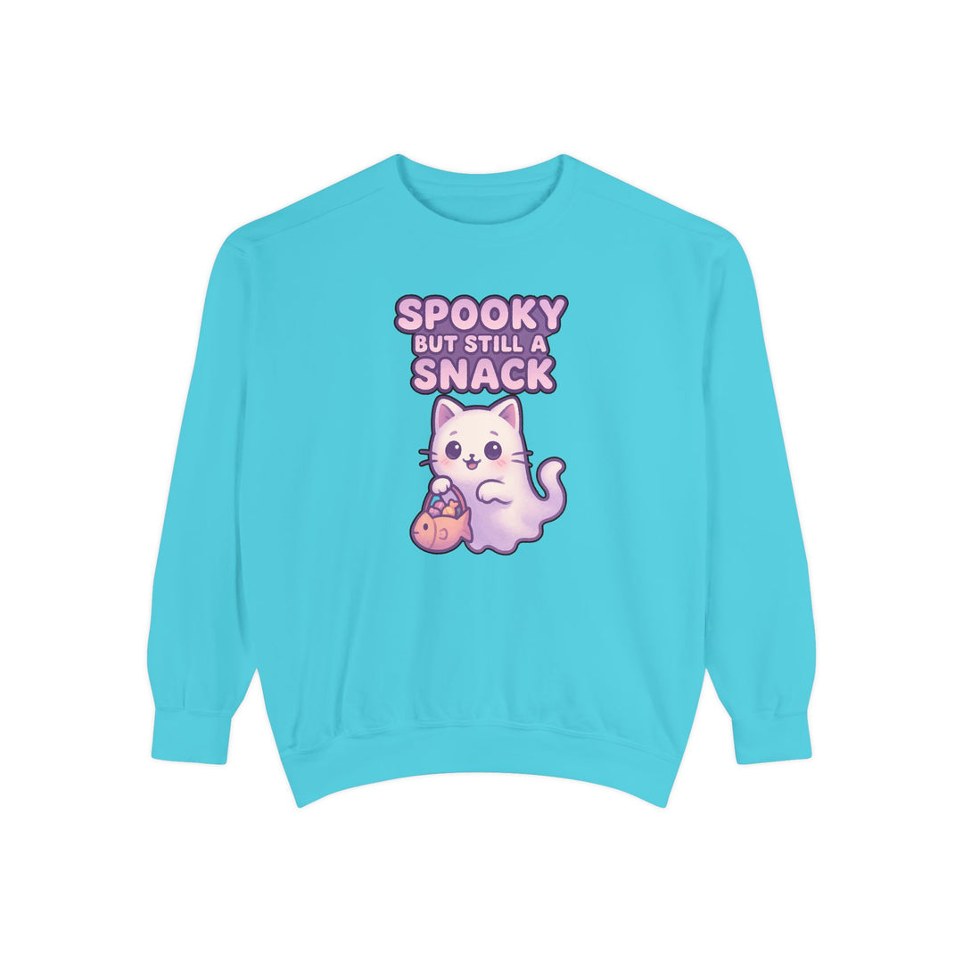 Spooky Snack Sweatshirt Featuring a Cute Ghost Cat Holding a Candy Basket with a Humorous Slogan