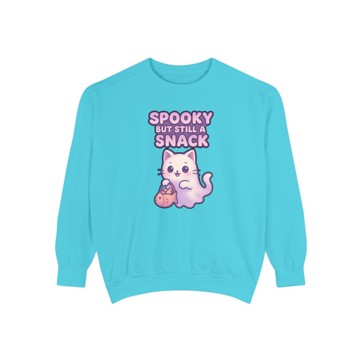 Spooky Snack Sweatshirt Featuring a Cute Ghost Cat Holding a Candy Basket with a Humorous Slogan