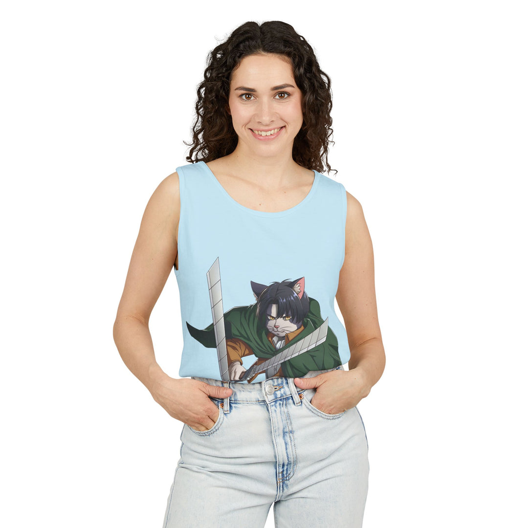 Anime Cat Warrior Tank Top, Unisex Graphic Tee, Cute Anime Apparel, Summer Fashion, Gift for Anime Fans