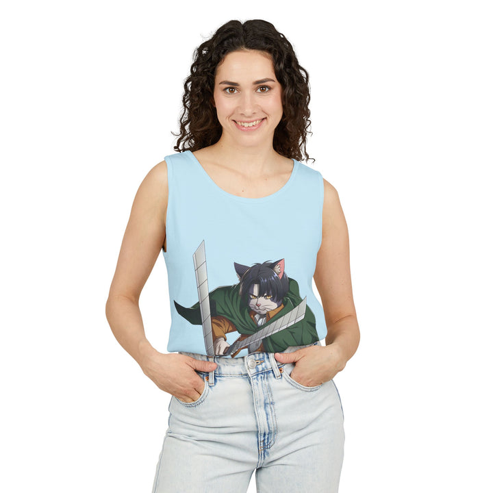 Anime Cat Warrior Tank Top, Unisex Graphic Tee, Cute Anime Apparel, Summer Fashion, Gift for Anime Fans