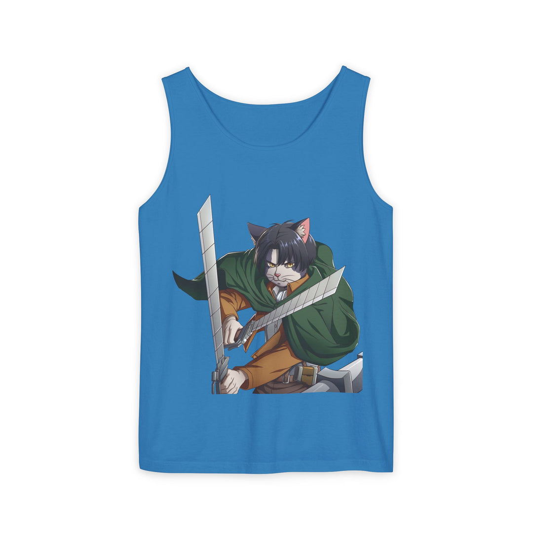 Anime Cat Warrior Tank Top, Unisex Graphic Tee, Cute Anime Apparel, Summer Fashion, Gift for Anime Fans