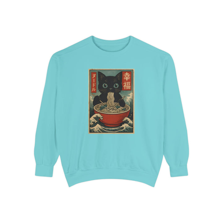 Japanese-Inspired Cat Sweatshirt Featuring a Black Cat Eating Ramen in a Classic Ukiyo-e Woodblock Art Style Cozy Unisex Sweater Cute Gift for Cat Lovers Casual Lounge Wear Perfect for Fall