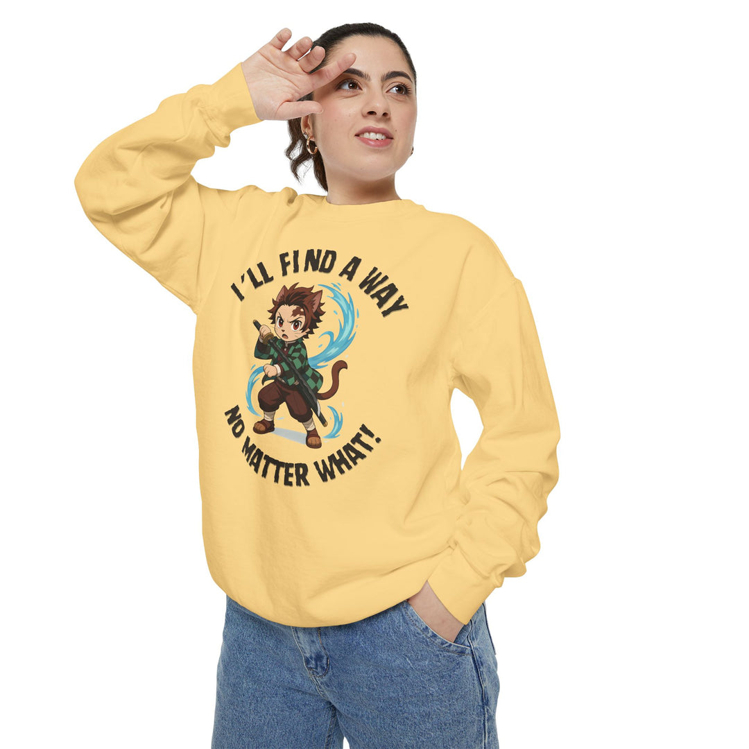 Motivational Unisex Sweatshirt with an Anime-Inspired Cat Demon Slayer and the Slogan "I'll Find a Way No Matter What Inspirational Gift Cozy Fashion Everyday Wear Unique Statement Piece