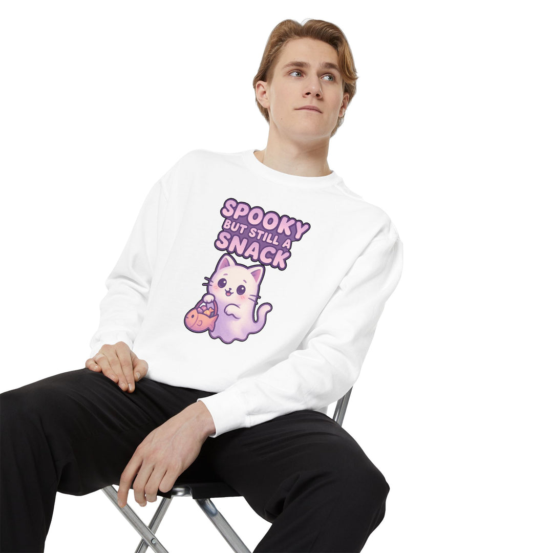 Spooky Snack Sweatshirt Featuring a Cute Ghost Cat Holding a Candy Basket with a Humorous Slogan