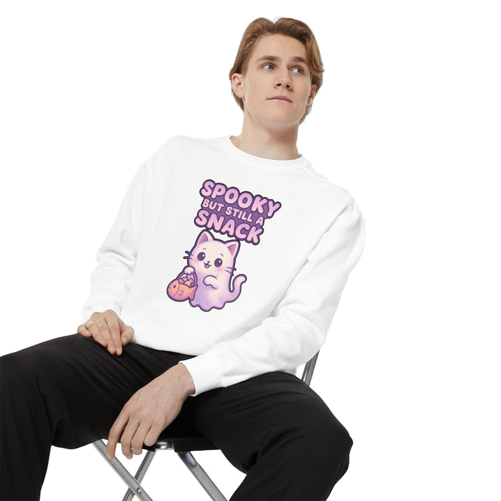 Spooky Snack Sweatshirt Featuring a Cute Ghost Cat Holding a Candy Basket with a Humorous Slogan
