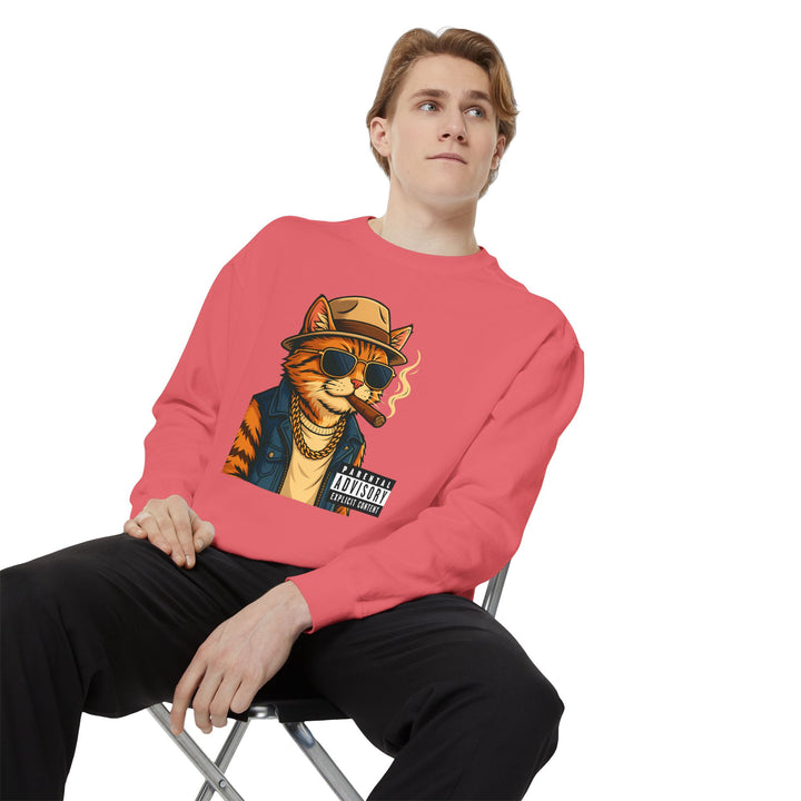 Cool Cat Vintage Sweatshirt with a Black Cat Eating Ramen in a Japanese Ukiyo-e Woodblock Art Style