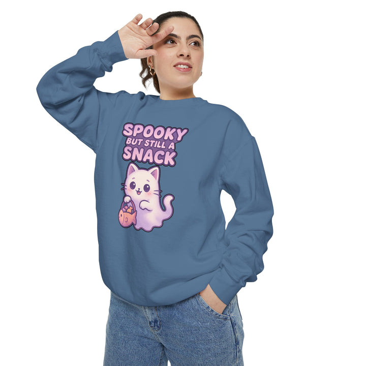 Spooky Snack Sweatshirt Featuring a Cute Ghost Cat Holding a Candy Basket with a Humorous Slogan