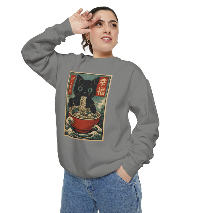 Japanese-Inspired Cat Sweatshirt Featuring a Black Cat Eating Ramen in a Classic Ukiyo-e Woodblock Art Style Cozy Unisex Sweater Cute Gift for Cat Lovers Casual Lounge Wear Perfect for Fall