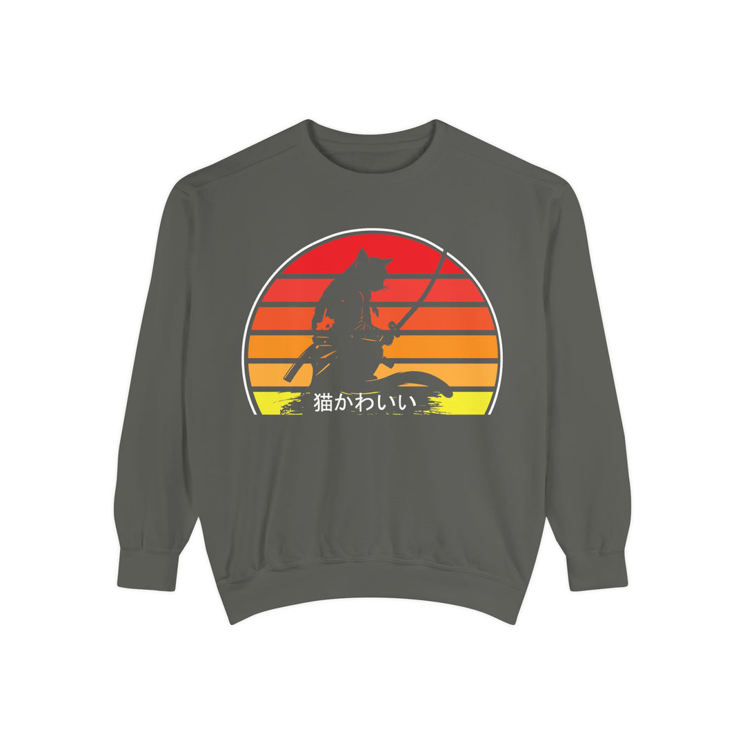 Sunset Samurai Sweatshirt | Cozy Unisex Garment-Dyed Pullover, Gift for Anime Lovers, Japanese Aesthetic Apparel, Fall Fashion, Casual Wear