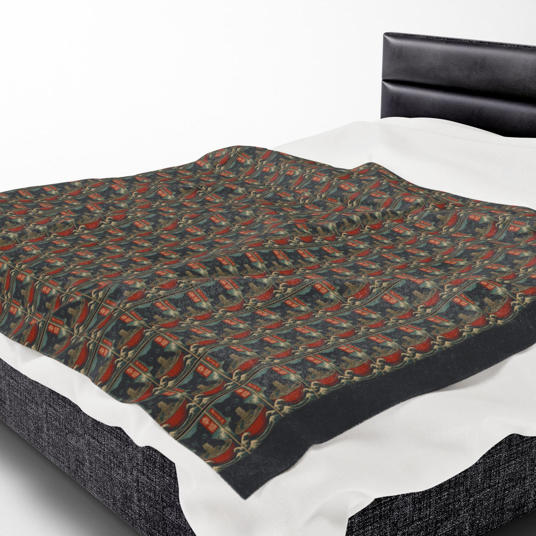 Velveteen Plush Blanket Featuring a Repeating Pattern of a Black Cat Eating Ramen in Ukiyo-e Style