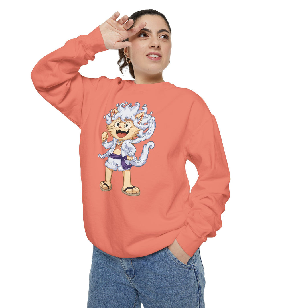 Cute Cat Character Sweatshirt Featuring a Whimsical Feline in a Cheerful Anime Inspired Pose for Fans of Unique Graphics Animal Lover Apparel Fun Fashion Casual Wear