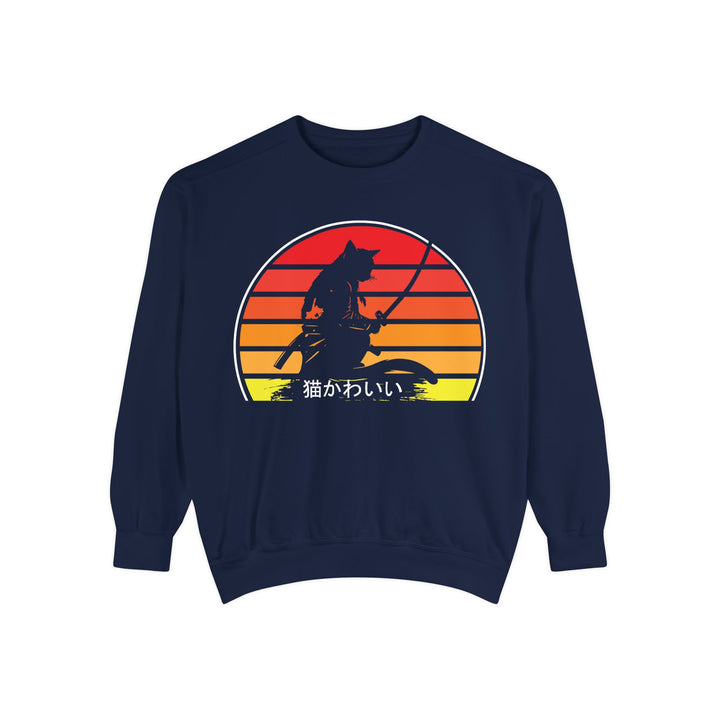 Sunset Samurai Sweatshirt | Cozy Unisex Garment-Dyed Pullover, Gift for Anime Lovers, Japanese Aesthetic Apparel, Fall Fashion, Casual Wear