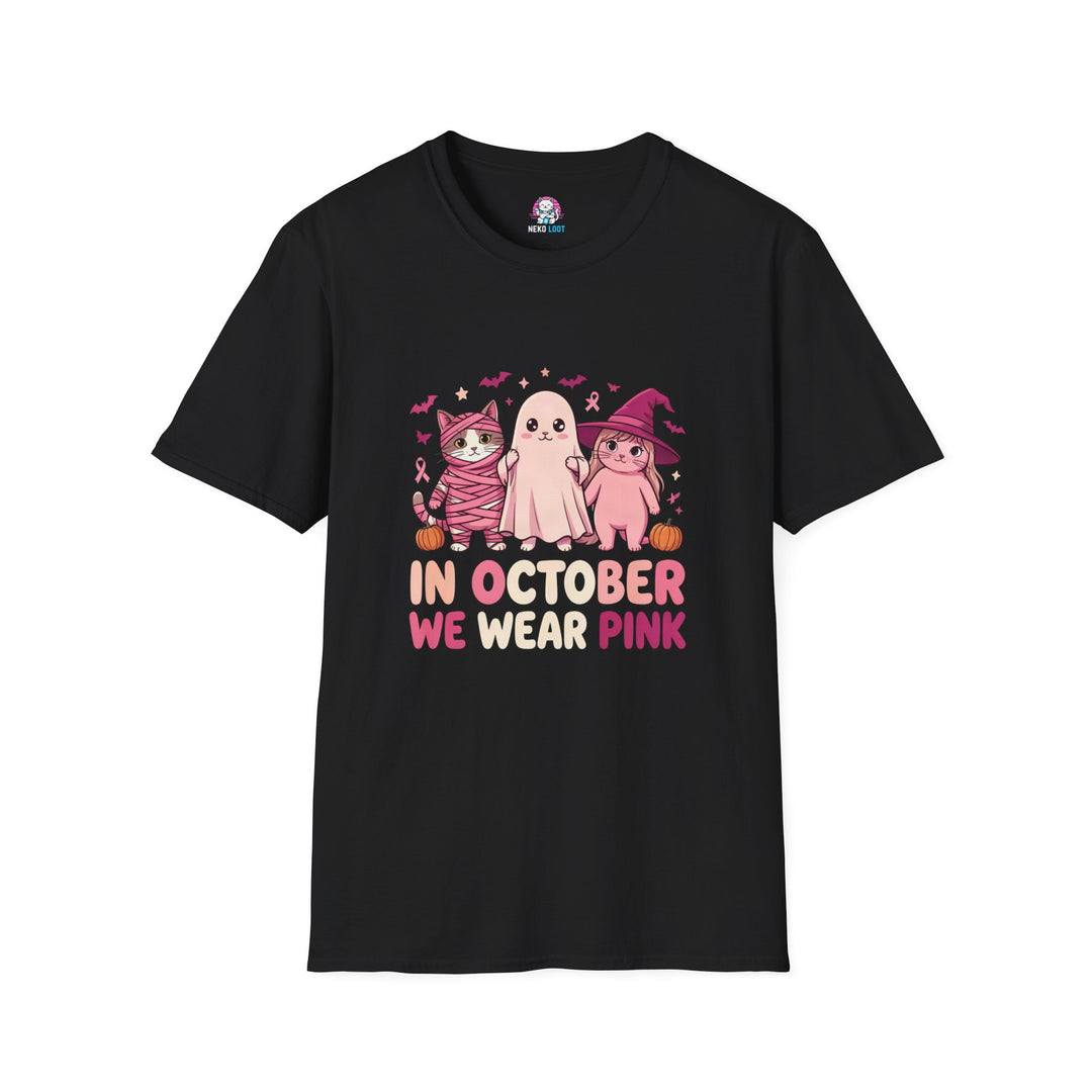 Black T-shirt with pink Halloween characters and In October We Wear Pink lettering.