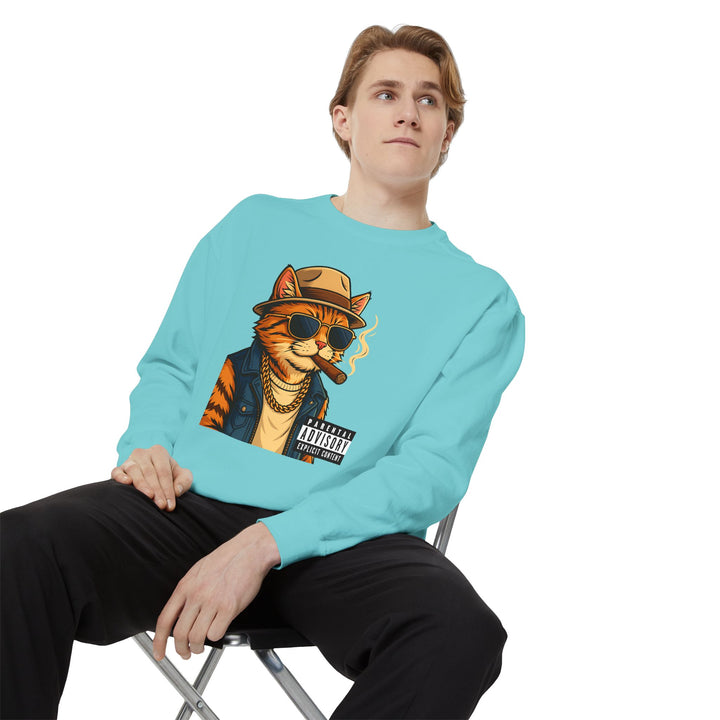 Cool Cat Vintage Sweatshirt with a Black Cat Eating Ramen in a Japanese Ukiyo-e Woodblock Art Style