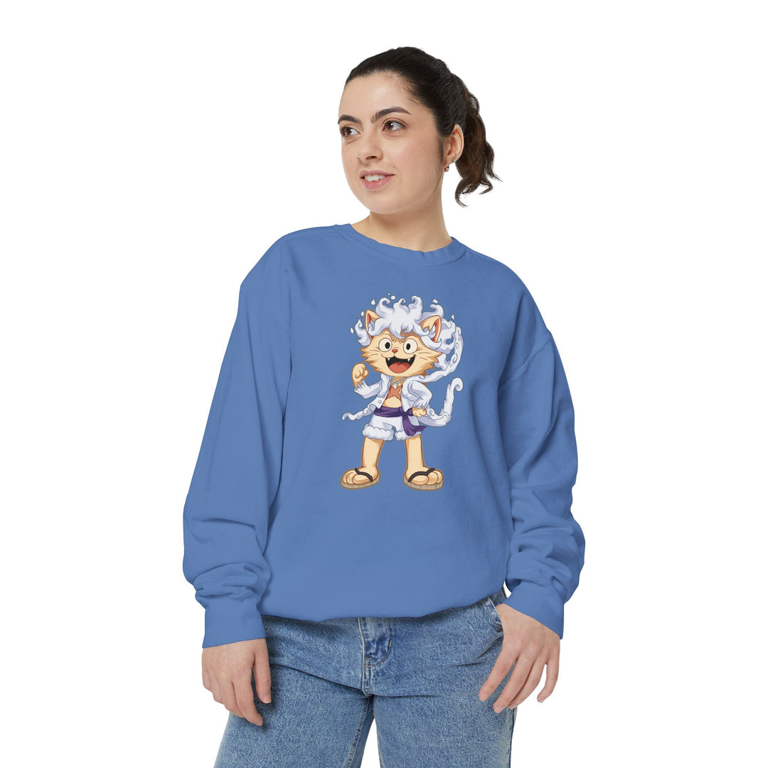 Cute Cat Character Sweatshirt Featuring a Whimsical Feline in a Cheerful Anime Inspired Pose for Fans of Unique Graphics Animal Lover Apparel Fun Fashion Casual Wear
