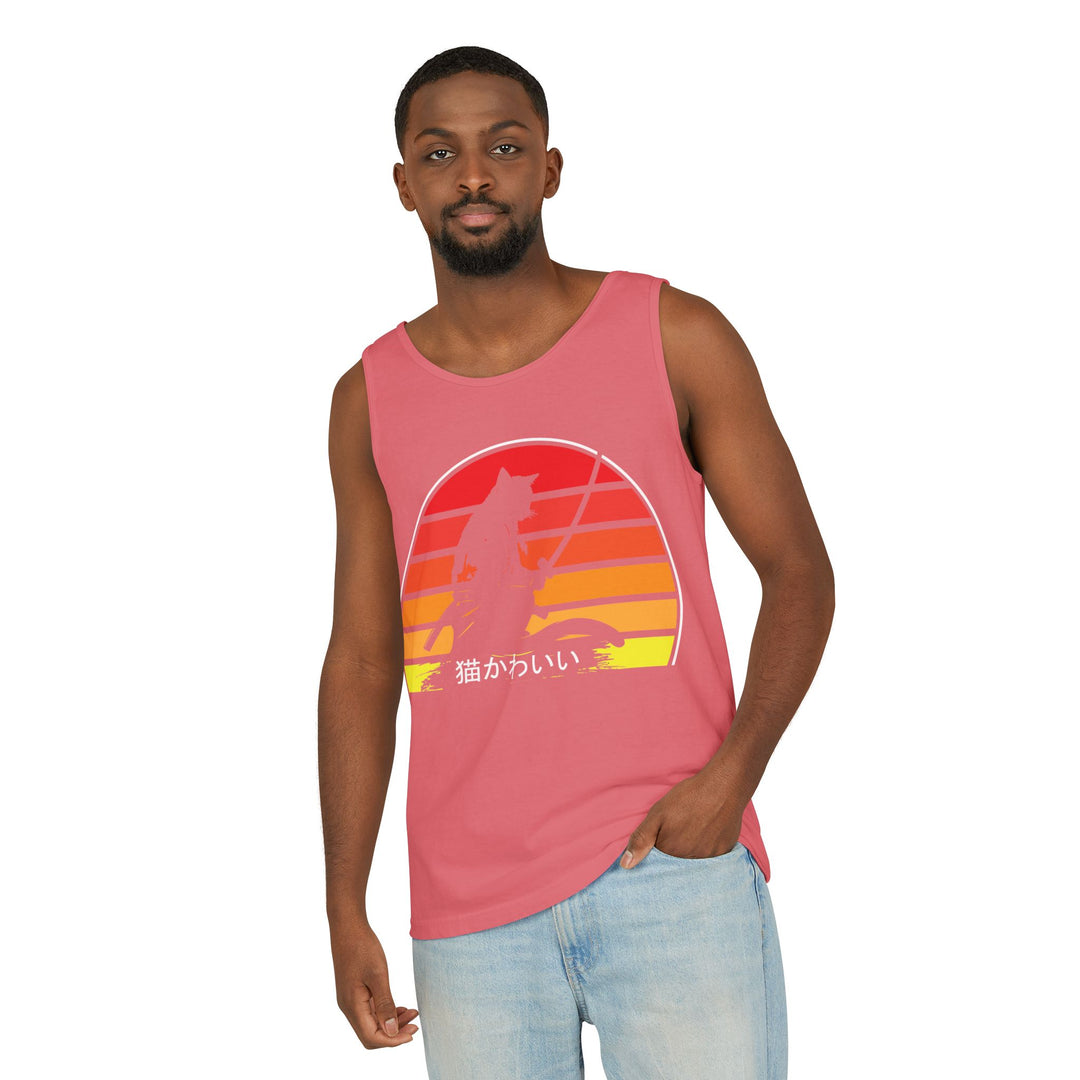 Sunset Cat Tank Top, Unisex Summer Top, Beachwear, Casual Workout Shirt, Gift for Cat Lovers