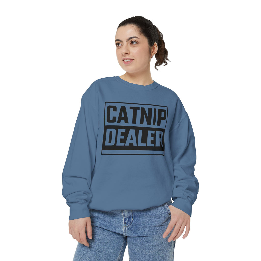 Catnip Dealer Sweatshirt Featuring a Bold and Humorous Black and White Typographic Design for Cat Lovers and Pet Owners Perfect Gift for Cat Parents Unisex Sweater for Every Season