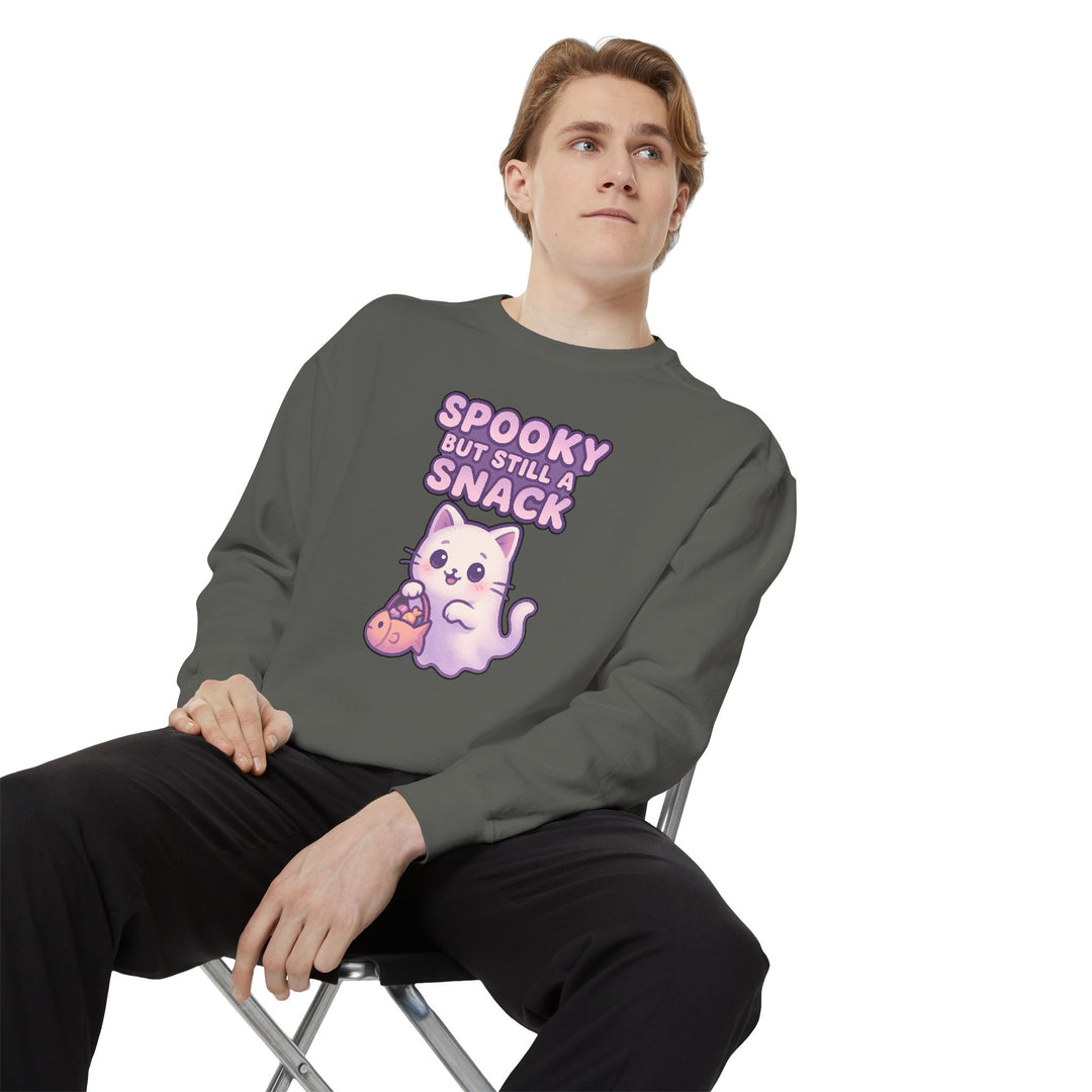 Spooky Snack Sweatshirt Featuring a Cute Ghost Cat Holding a Candy Basket with a Humorous Slogan