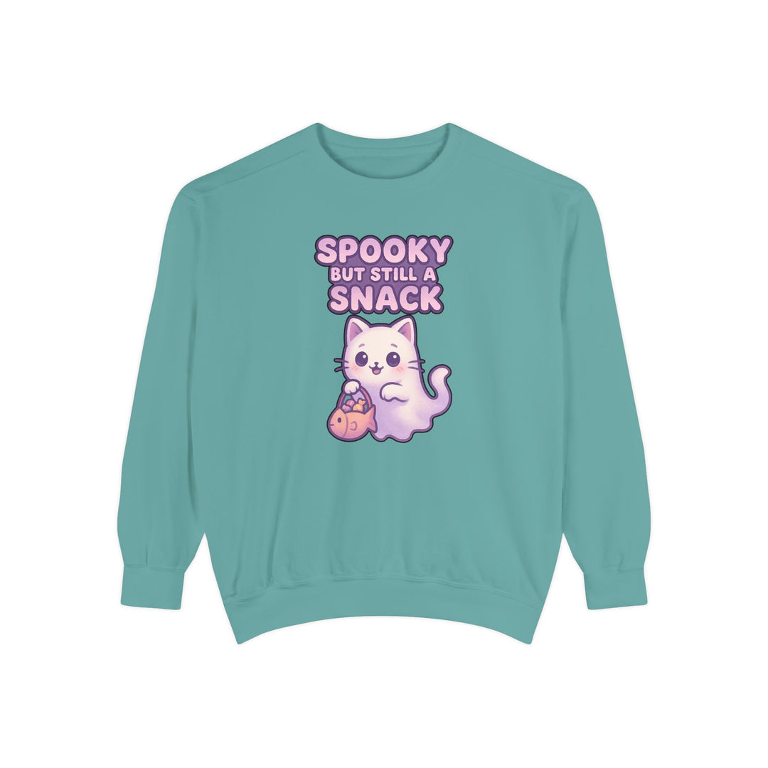 Spooky Snack Sweatshirt Featuring a Cute Ghost Cat Holding a Candy Basket with a Humorous Slogan