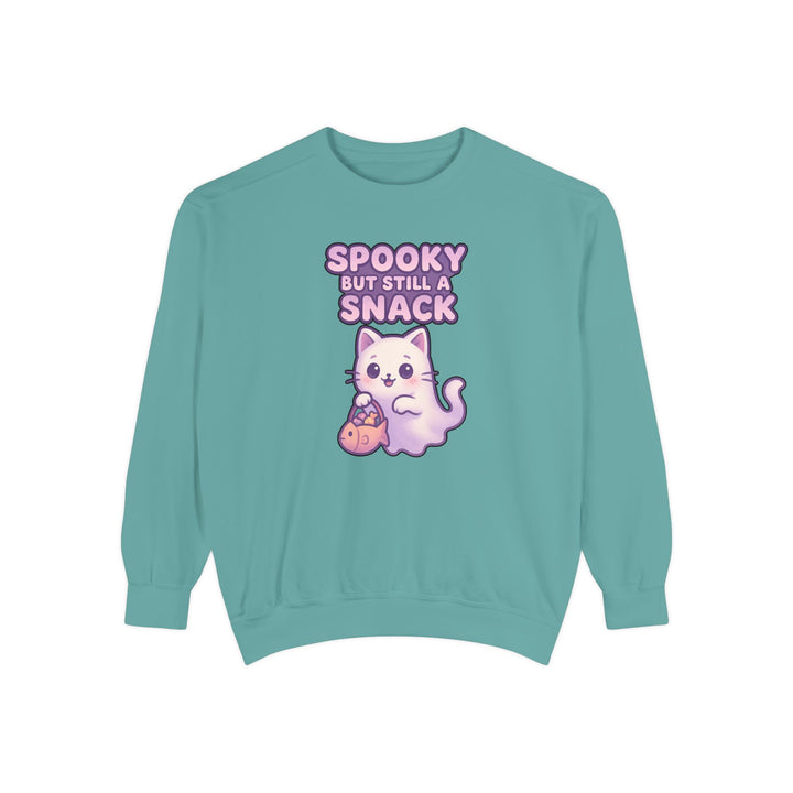Spooky Snack Sweatshirt Featuring a Cute Ghost Cat Holding a Candy Basket with a Humorous Slogan