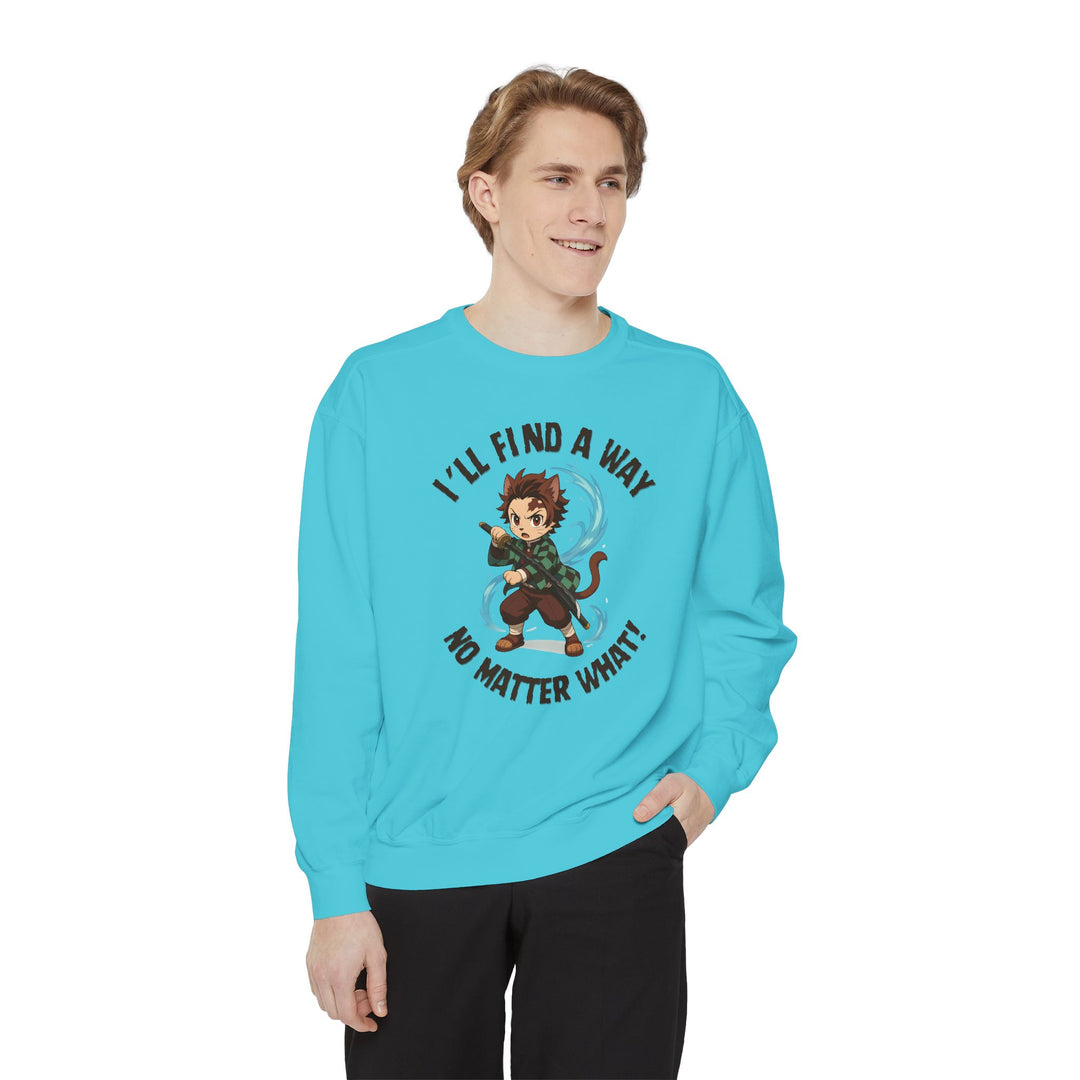 Motivational Unisex Sweatshirt with an Anime-Inspired Cat Demon Slayer and the Slogan "I'll Find a Way No Matter What Inspirational Gift Cozy Fashion Everyday Wear Unique Statement Piece