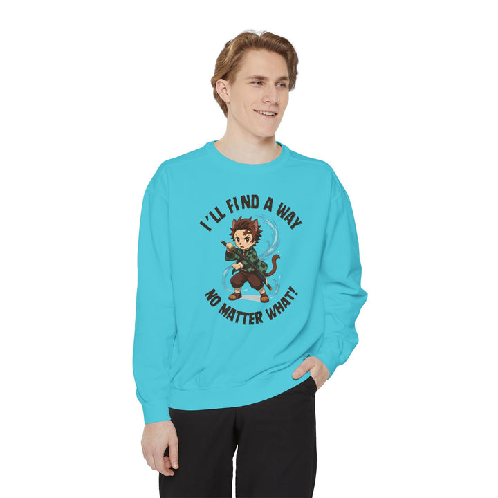 Motivational Unisex Sweatshirt with an Anime-Inspired Cat Demon Slayer and the Slogan "I'll Find a Way No Matter What Inspirational Gift Cozy Fashion Everyday Wear Unique Statement Piece