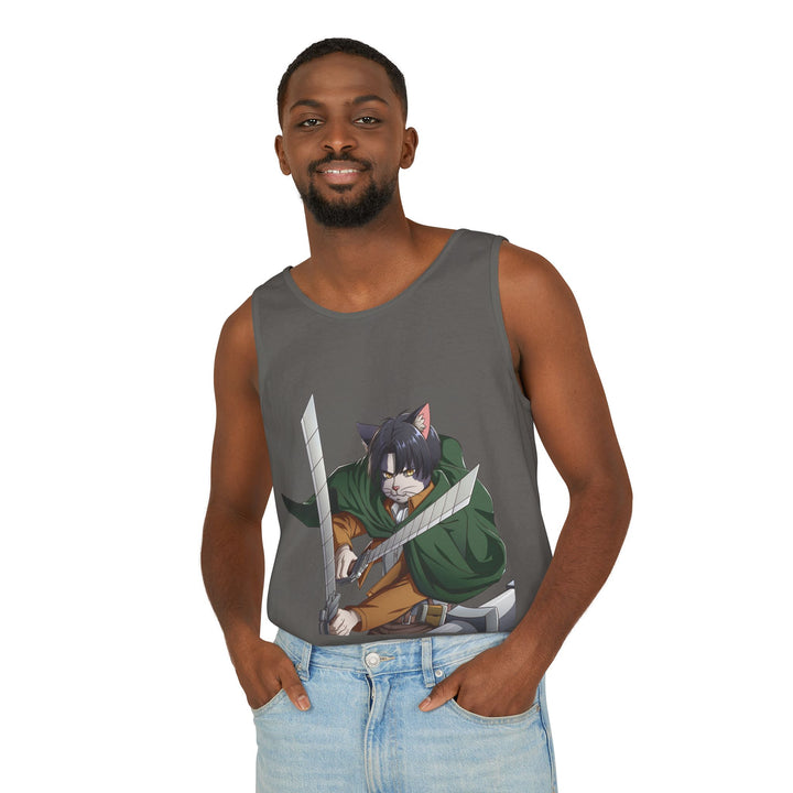 Anime Cat Warrior Tank Top, Unisex Graphic Tee, Cute Anime Apparel, Summer Fashion, Gift for Anime Fans