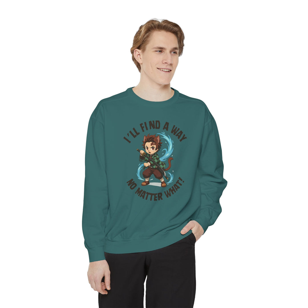Motivational Unisex Sweatshirt with an Anime-Inspired Cat Demon Slayer and the Slogan "I'll Find a Way No Matter What Inspirational Gift Cozy Fashion Everyday Wear Unique Statement Piece
