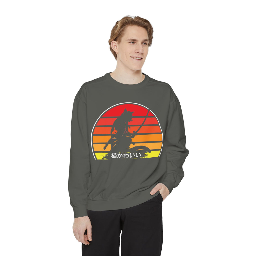 Sunset Samurai Sweatshirt | Cozy Unisex Garment-Dyed Pullover, Gift for Anime Lovers, Japanese Aesthetic Apparel, Fall Fashion, Casual Wear
