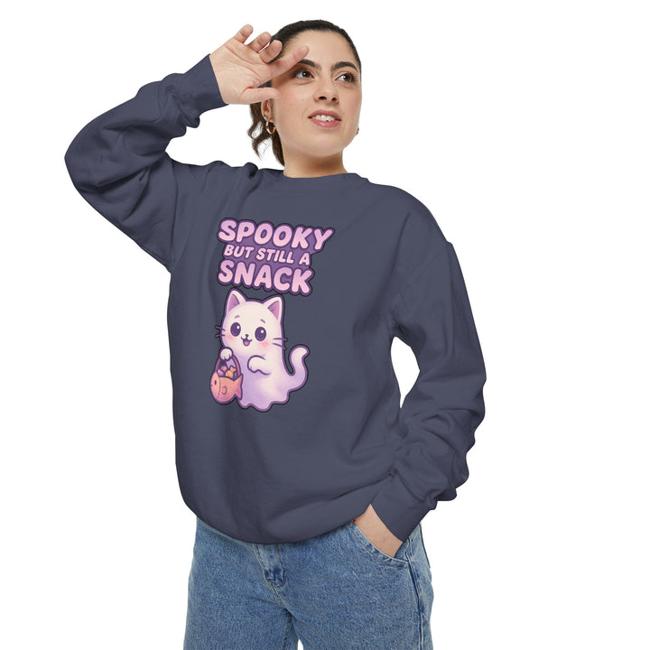 Spooky Snack Sweatshirt Featuring a Cute Ghost Cat Holding a Candy Basket with a Humorous Slogan