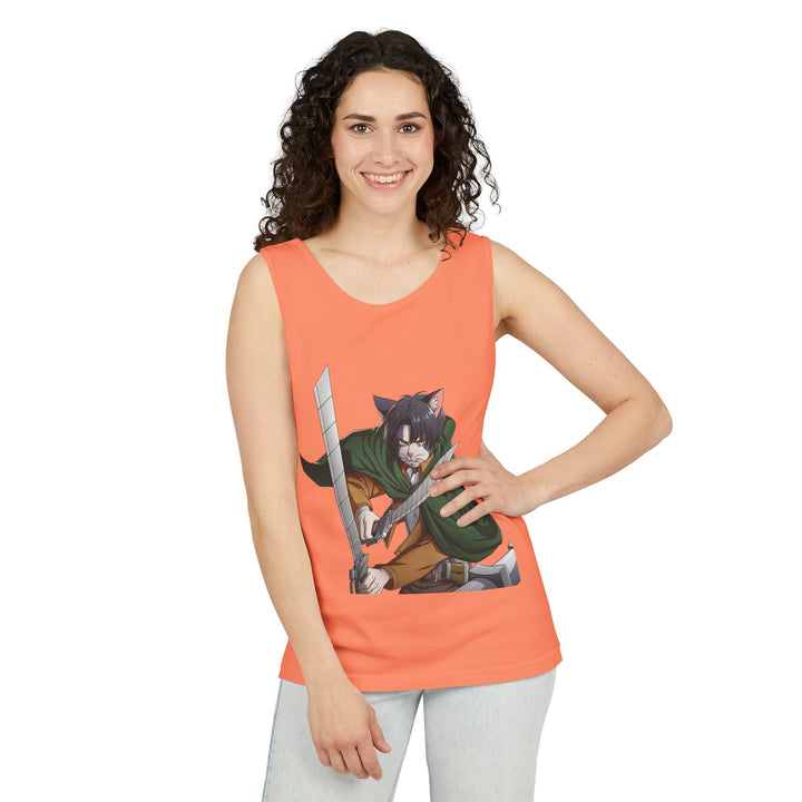 Anime Cat Warrior Tank Top, Unisex Graphic Tee, Cute Anime Apparel, Summer Fashion, Gift for Anime Fans