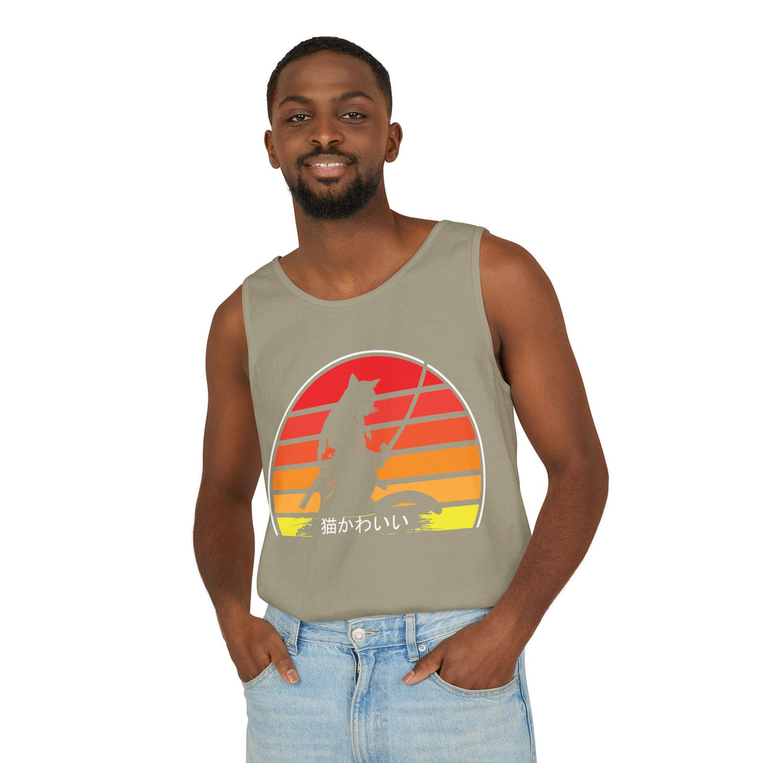 Sunset Cat Tank Top, Unisex Summer Top, Beachwear, Casual Workout Shirt, Gift for Cat Lovers