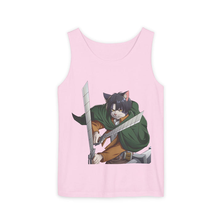 Anime Cat Warrior Tank Top, Unisex Graphic Tee, Cute Anime Apparel, Summer Fashion, Gift for Anime Fans