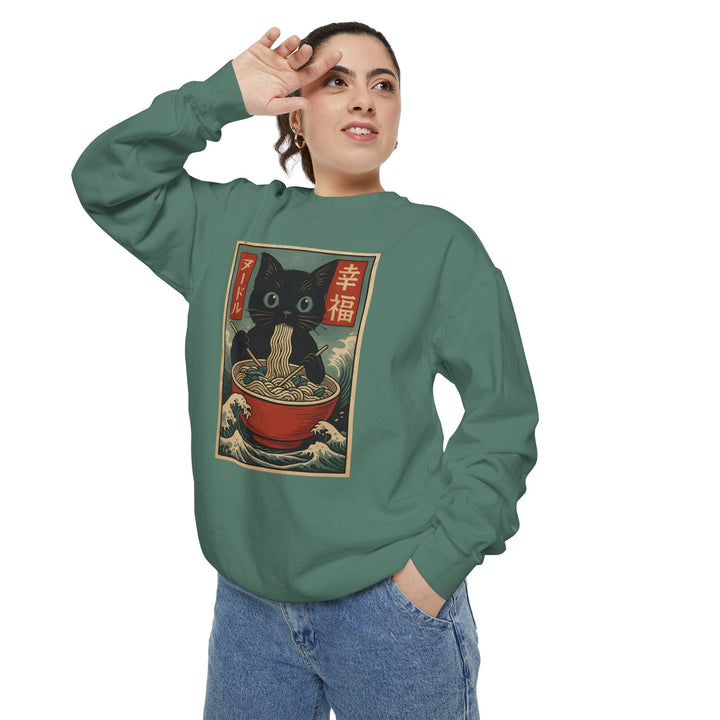 Japanese-Inspired Cat Sweatshirt Featuring a Black Cat Eating Ramen in a Classic Ukiyo-e Woodblock Art Style Cozy Unisex Sweater Cute Gift for Cat Lovers Casual Lounge Wear Perfect for Fall
