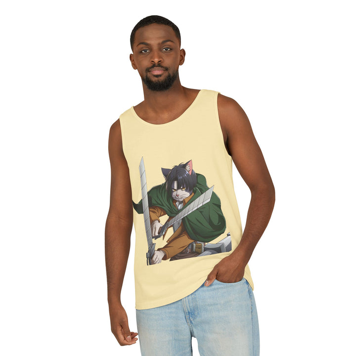 Anime Cat Warrior Tank Top, Unisex Graphic Tee, Cute Anime Apparel, Summer Fashion, Gift for Anime Fans
