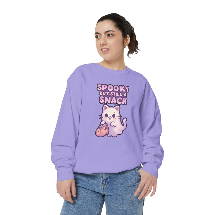 Spooky Snack Sweatshirt Featuring a Cute Ghost Cat Holding a Candy Basket with a Humorous Slogan