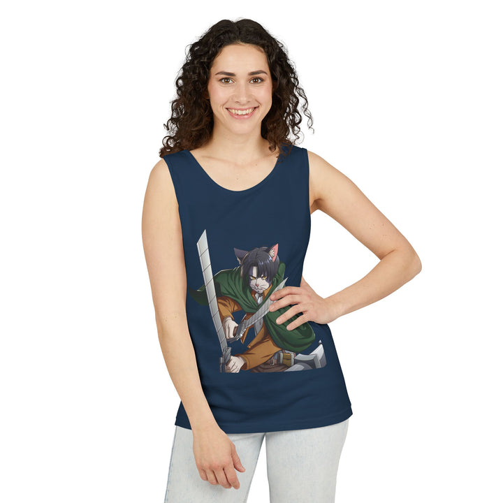 Anime Cat Warrior Tank Top, Unisex Graphic Tee, Cute Anime Apparel, Summer Fashion, Gift for Anime Fans