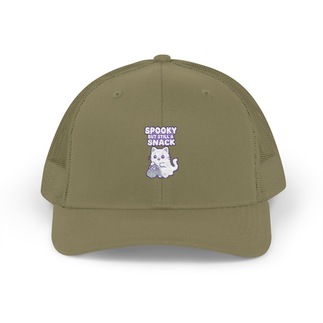 Spooky Snack Snapback Trucker Cap | Funny Hat for Halloween, Cool Gift for Pet Lovers, Embroidered Cap, Casual Summer Accessory, Outdoor Cap