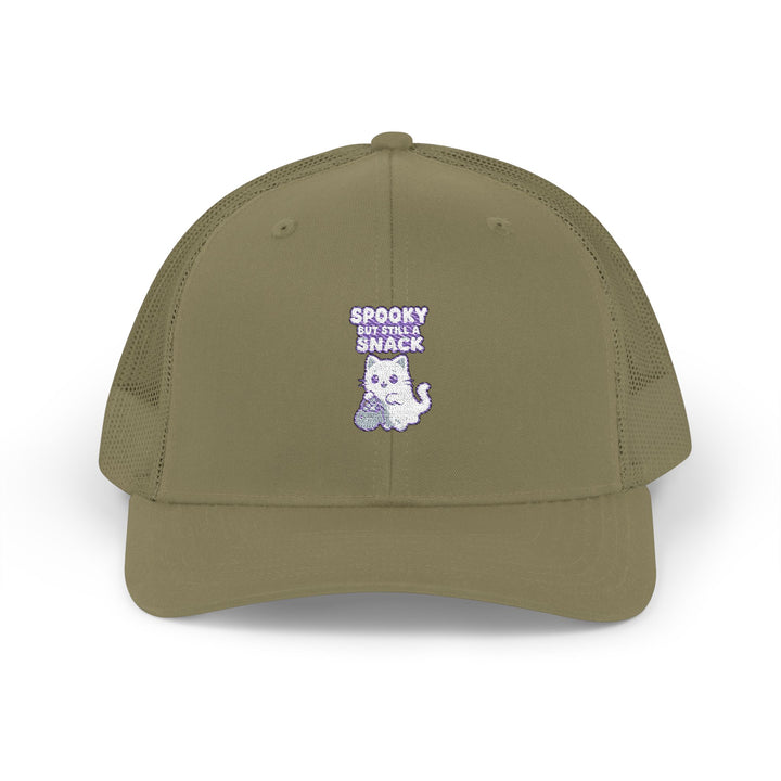 Spooky Snack Snapback Trucker Cap | Funny Hat for Halloween, Cool Gift for Pet Lovers, Embroidered Cap, Casual Summer Accessory, Outdoor Cap