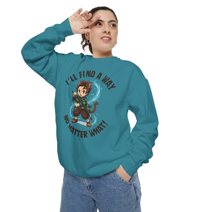 Motivational Unisex Sweatshirt with an Anime-Inspired Cat Demon Slayer and the Slogan "I'll Find a Way No Matter What Inspirational Gift Cozy Fashion Everyday Wear Unique Statement Piece