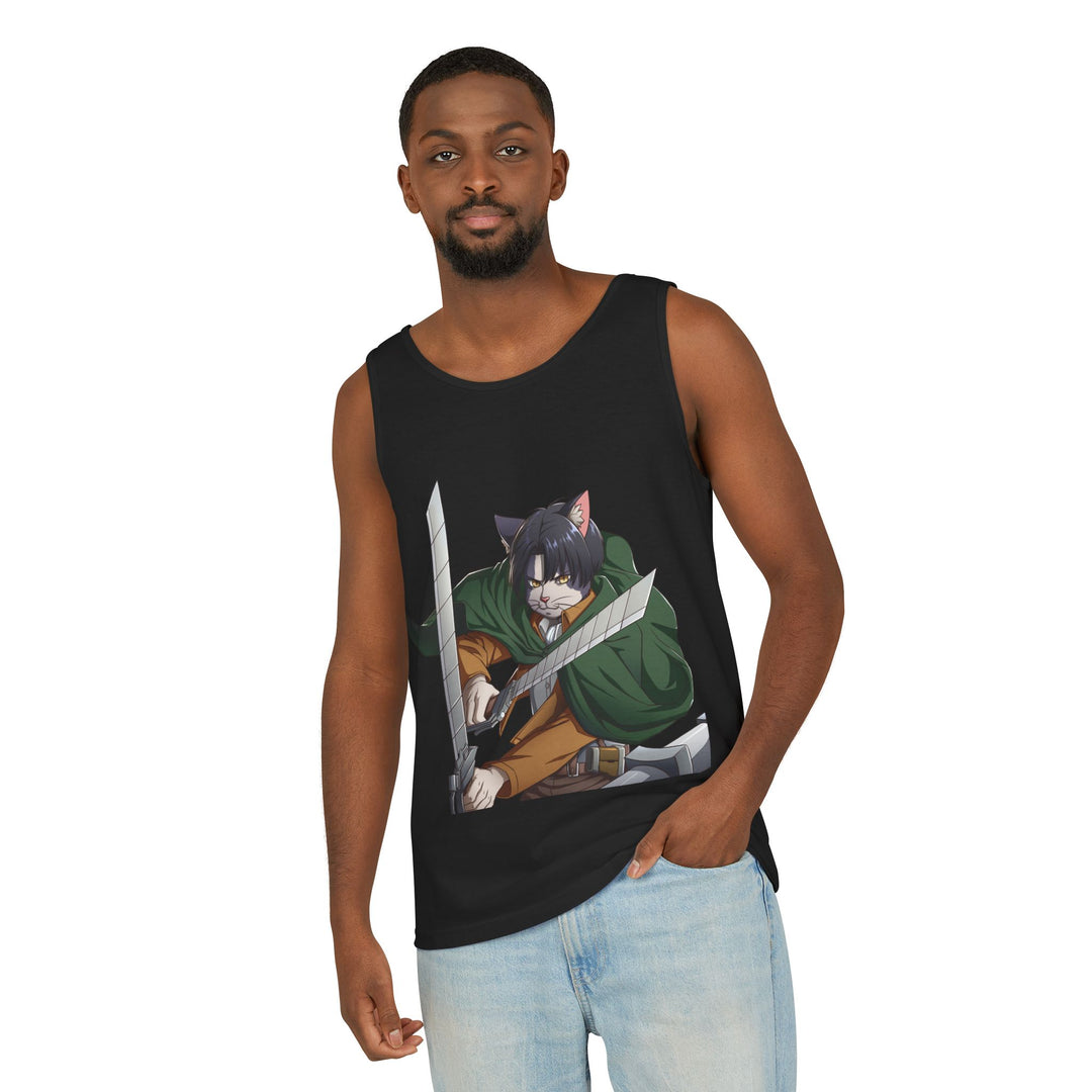 Anime Cat Warrior Tank Top, Unisex Graphic Tee, Cute Anime Apparel, Summer Fashion, Gift for Anime Fans