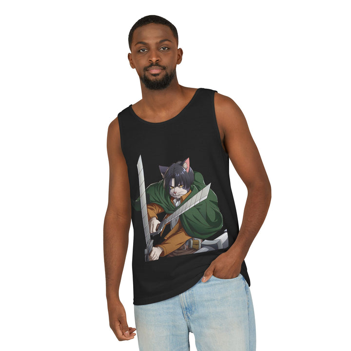Anime Cat Warrior Tank Top, Unisex Graphic Tee, Cute Anime Apparel, Summer Fashion, Gift for Anime Fans